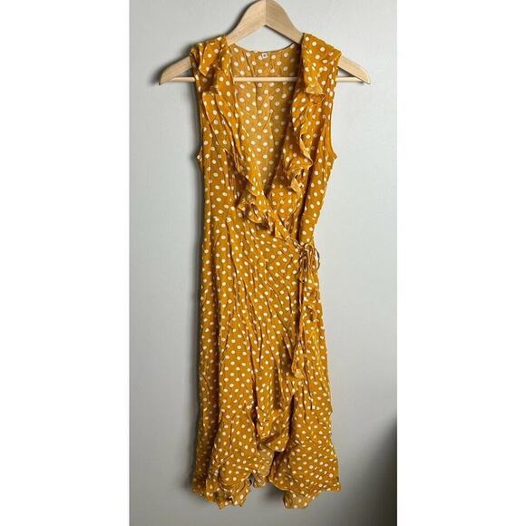 Comeon Dresses & Skirts - Yellow Polka Dot Ruffle Wrap Midi Dress Size Medium Sleeveless Summer Size Med